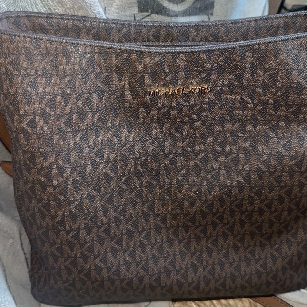 Michael Kors Brown Monogram Canvas Tote with Gold Logo